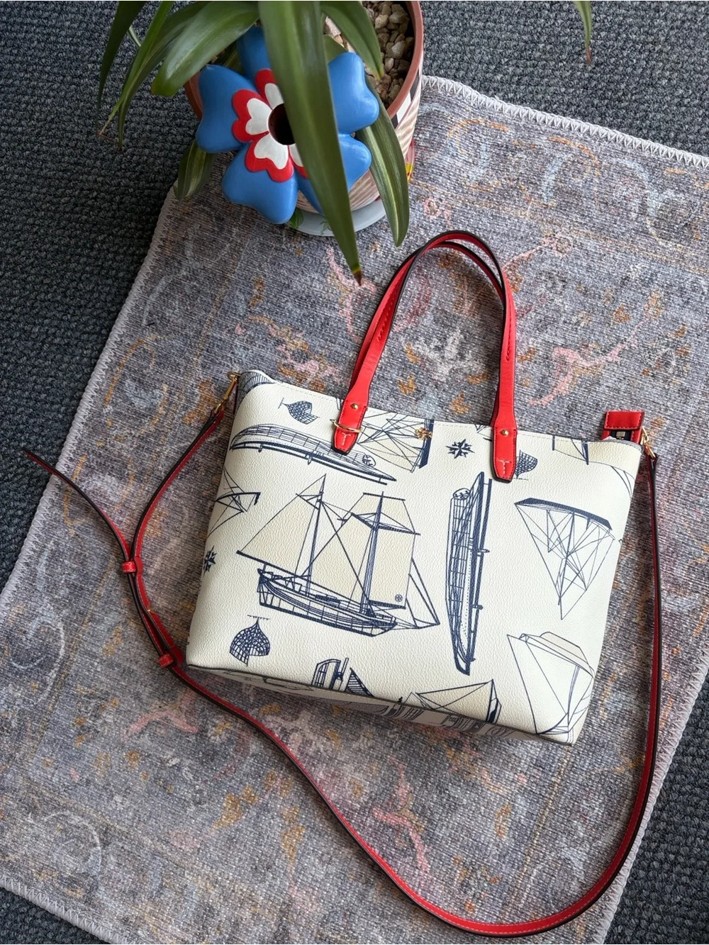 Tory Burch ‘Kerrington’ Small Nautical Ship Print Tote Orange-Red Trim & Strap